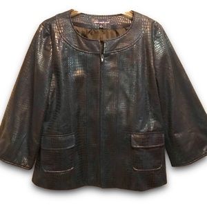 Susan Graver Teal Turquoise Metallic Crocodile Print Fully Lined Zip Jacket EUC